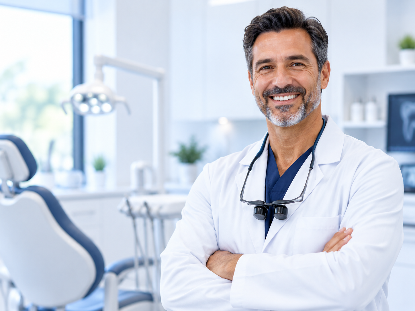 A smiling dentist standing with arms crossed in a modern practice