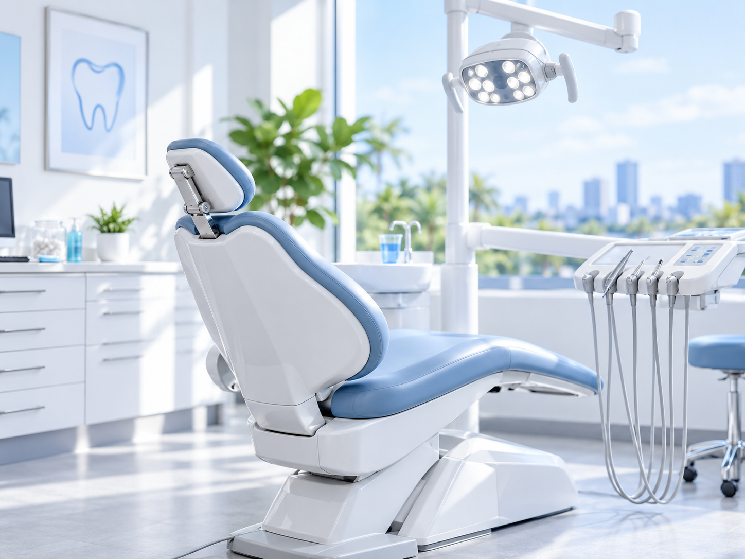 A modern dental chair in a bright, sunlit treatment room
